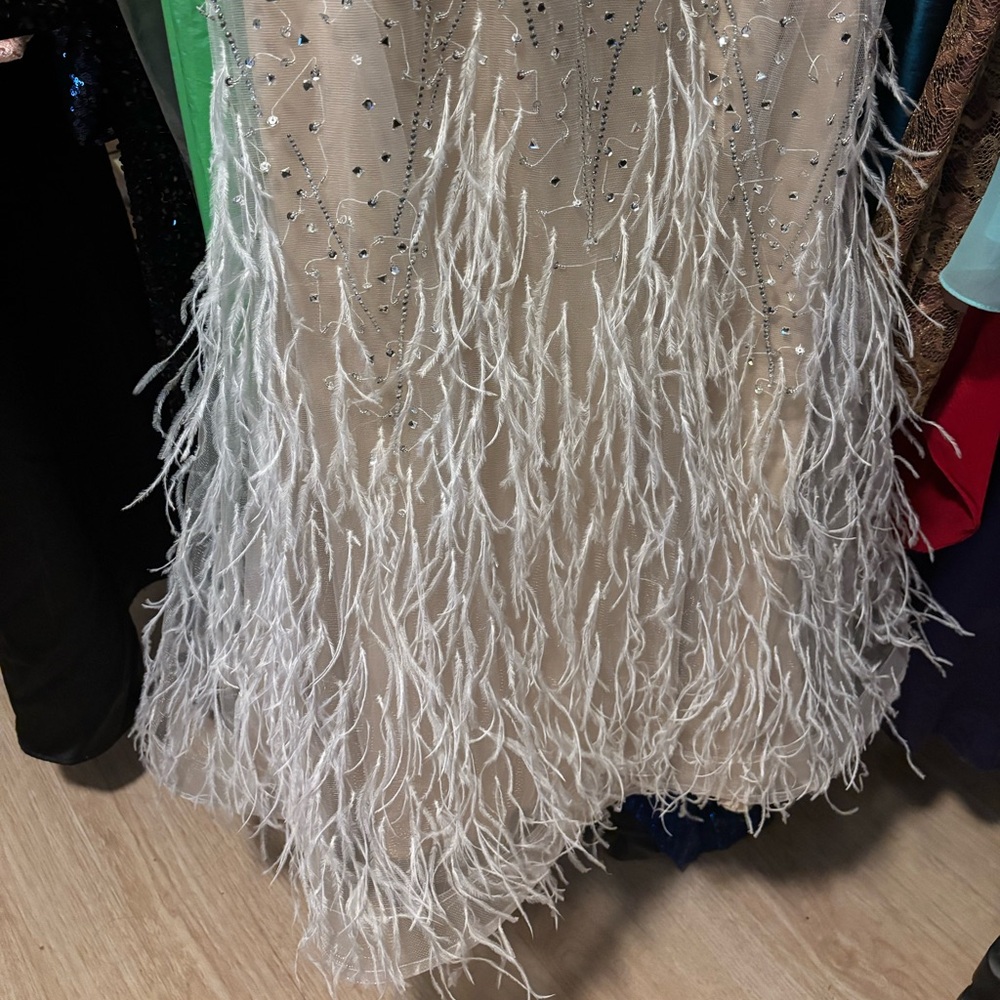 Jovani Silver and Cream Feathered Prom Dress - Picture 4 of 5